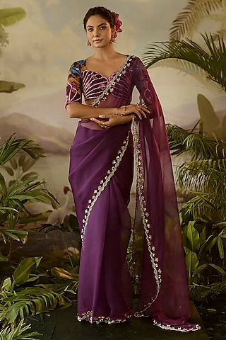 Purple Organza Hand Embroidered Sheer Saree Set by Baise Gaba