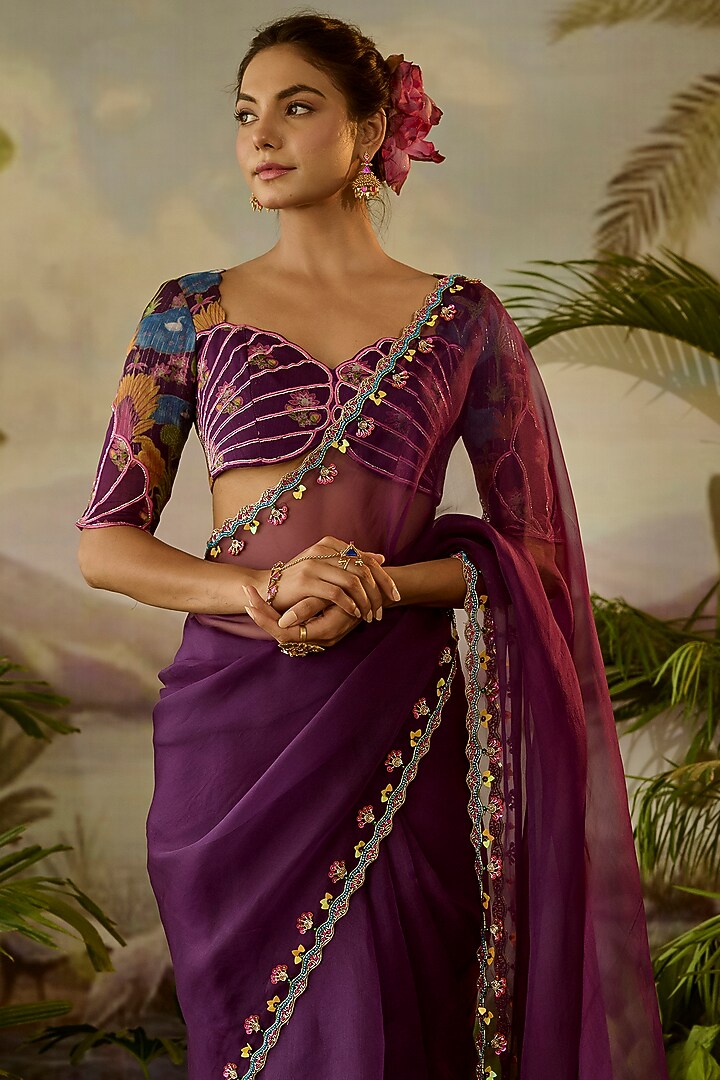 Purple Organza Hand Embroidered Sheer Wedding Saree Set by Baise Gaba at Pernia's Pop Up Shop