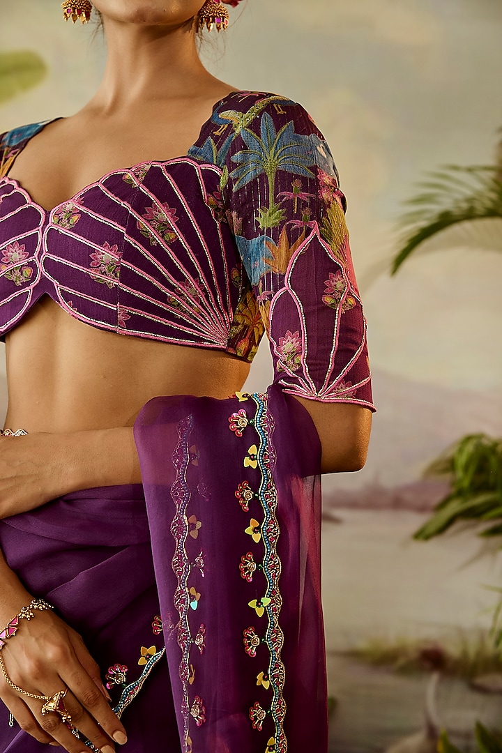 Purple Organza Hand Embroidered Sheer Wedding Saree Set by Baise Gaba at Pernia's Pop Up Shop