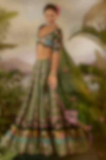 Green Modal Satin Stripe Printed Wedding Lehenga Set by Baise Gaba at Pernia's Pop Up Shop