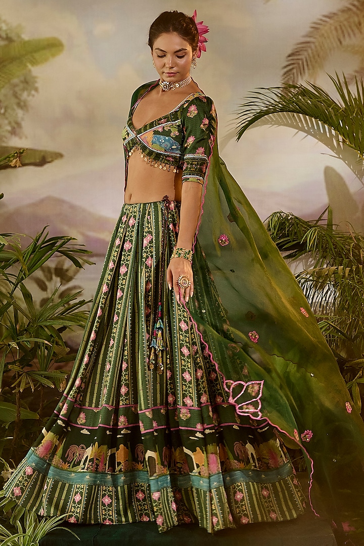 Green Modal Satin Stripe Printed Wedding Lehenga Set by Baise Gaba at Pernia's Pop Up Shop