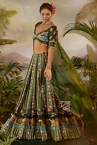 Green Modal Satin Stripe Printed Lehenga Set by Baise Gaba