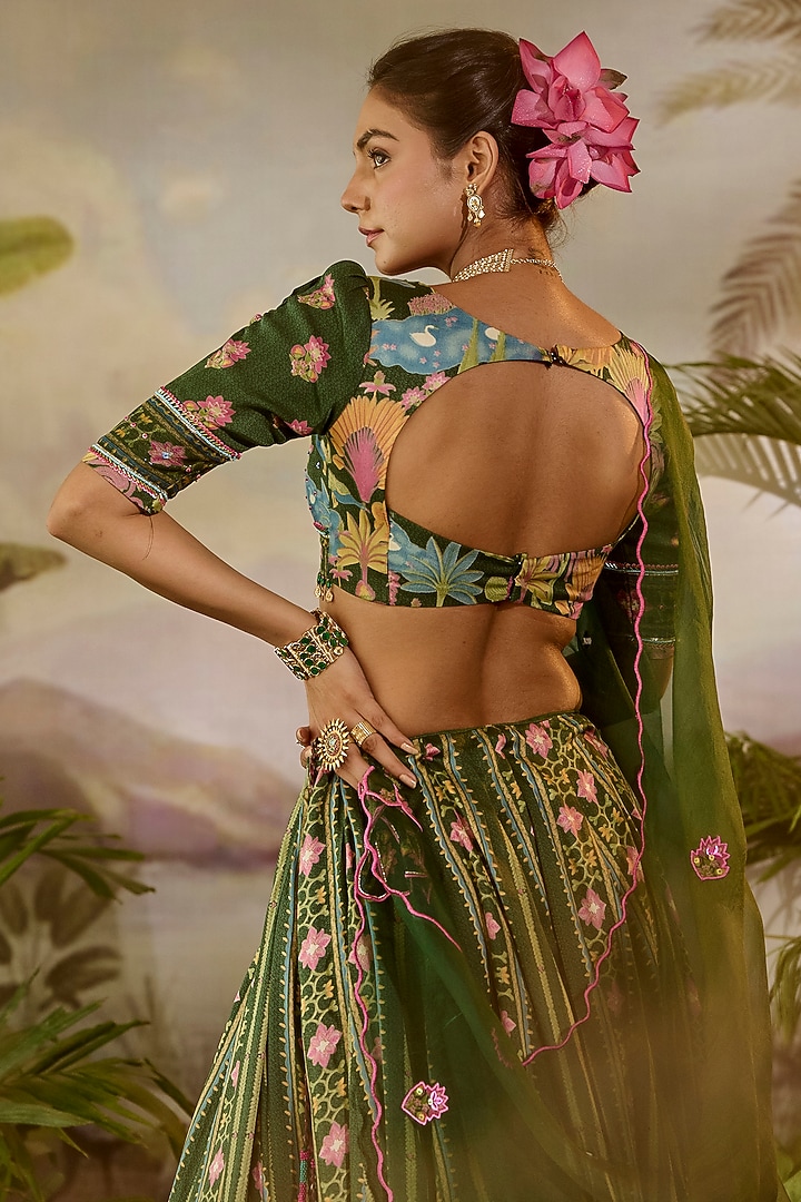 Green Modal Satin Stripe Printed Wedding Lehenga Set by Baise Gaba at Pernia's Pop Up Shop