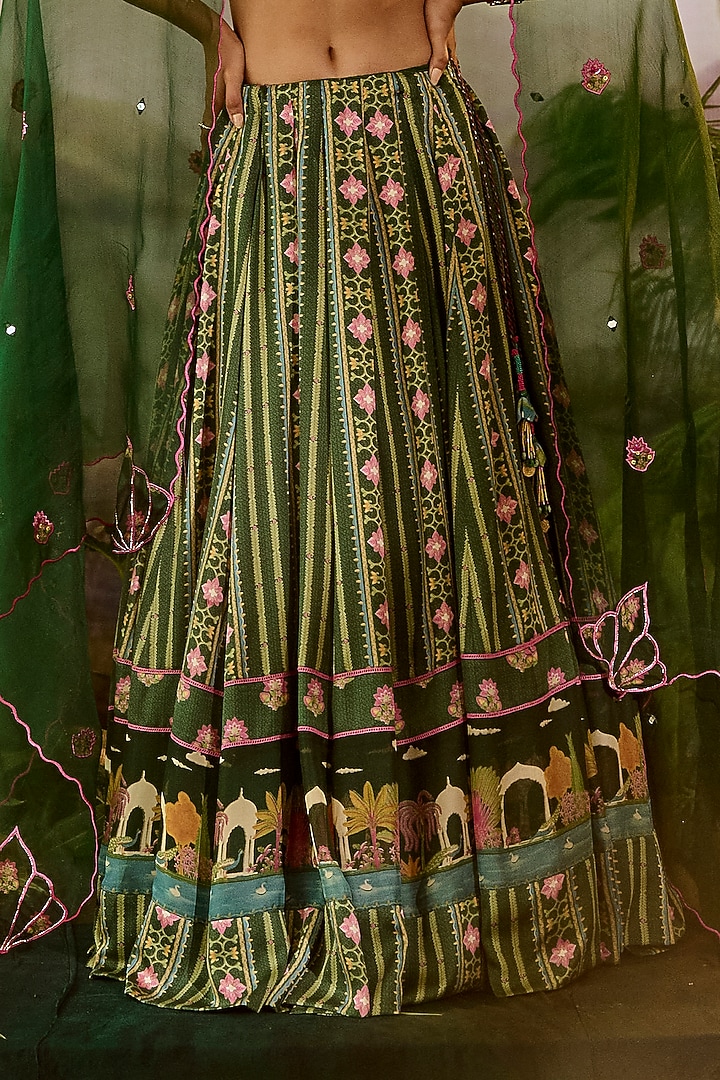 Green Modal Satin Stripe Printed Wedding Lehenga Set by Baise Gaba at Pernia's Pop Up Shop