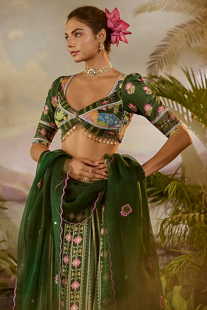 Green Modal Satin Stripe Printed Wedding Lehenga Set by Baise Gaba at Pernia's Pop Up Shop