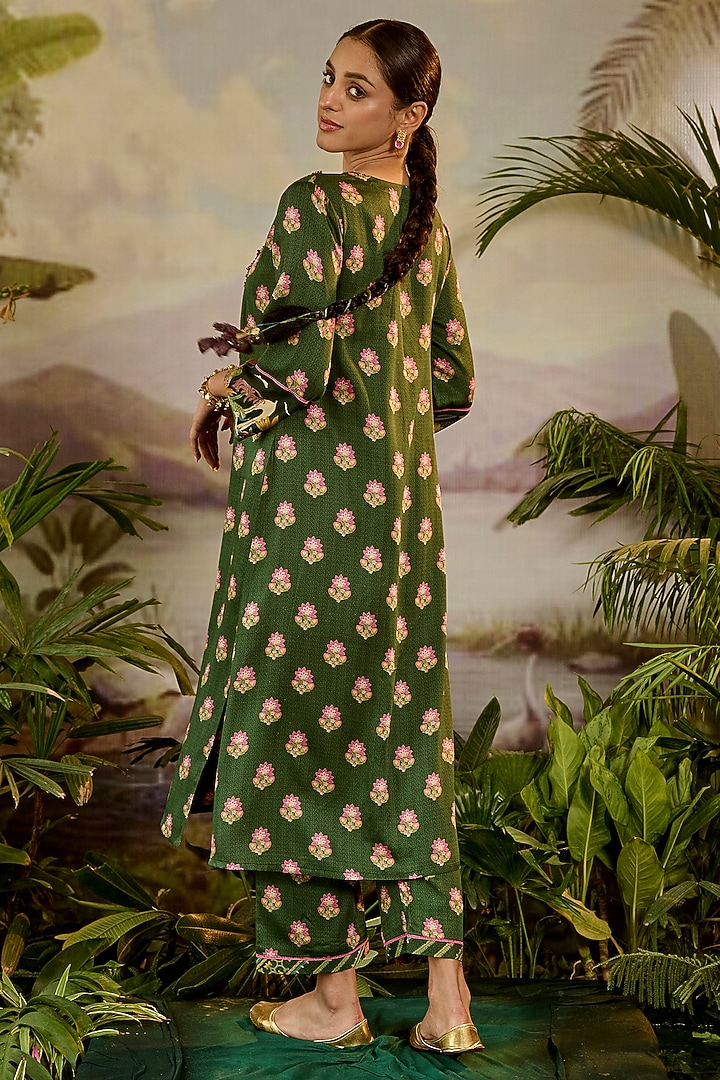 Green Modal Satin Boota Printed Angrakha Kurta Set by Baise Gaba at Pernia's Pop Up Shop