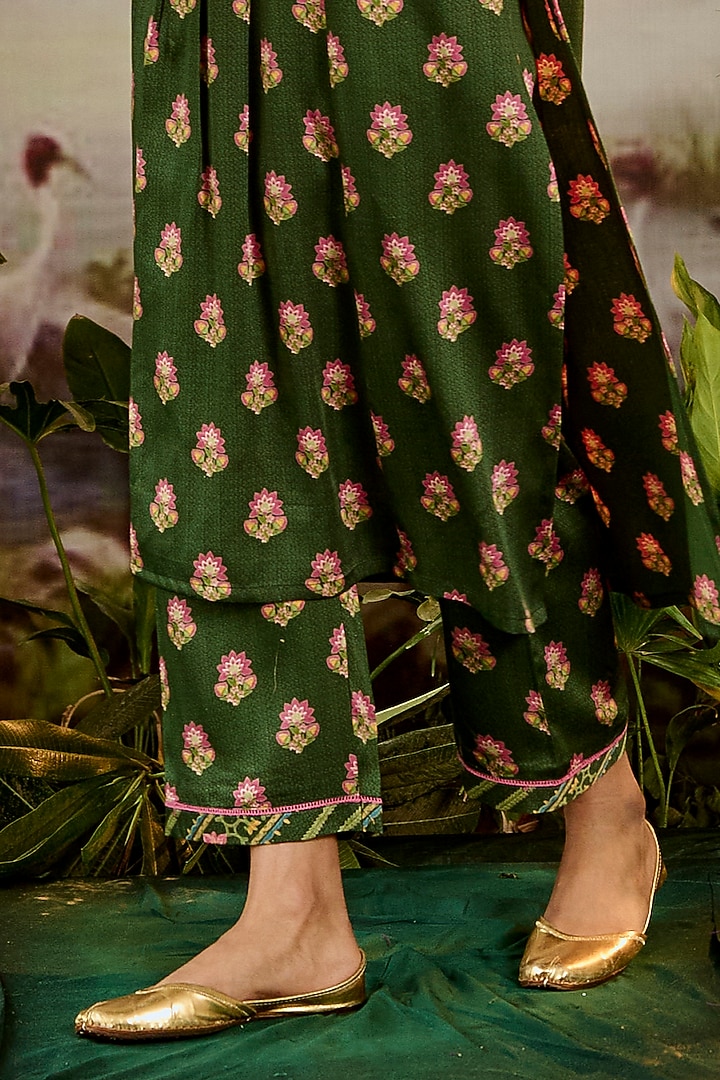 Green Modal Satin Boota Printed Angrakha Kurta Set by Baise Gaba at Pernia's Pop Up Shop