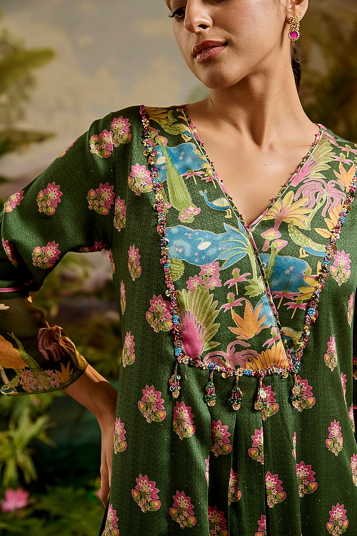 Green Modal Satin Boota Printed Angrakha Kurta Set by Baise Gaba at Pernia's Pop Up Shop