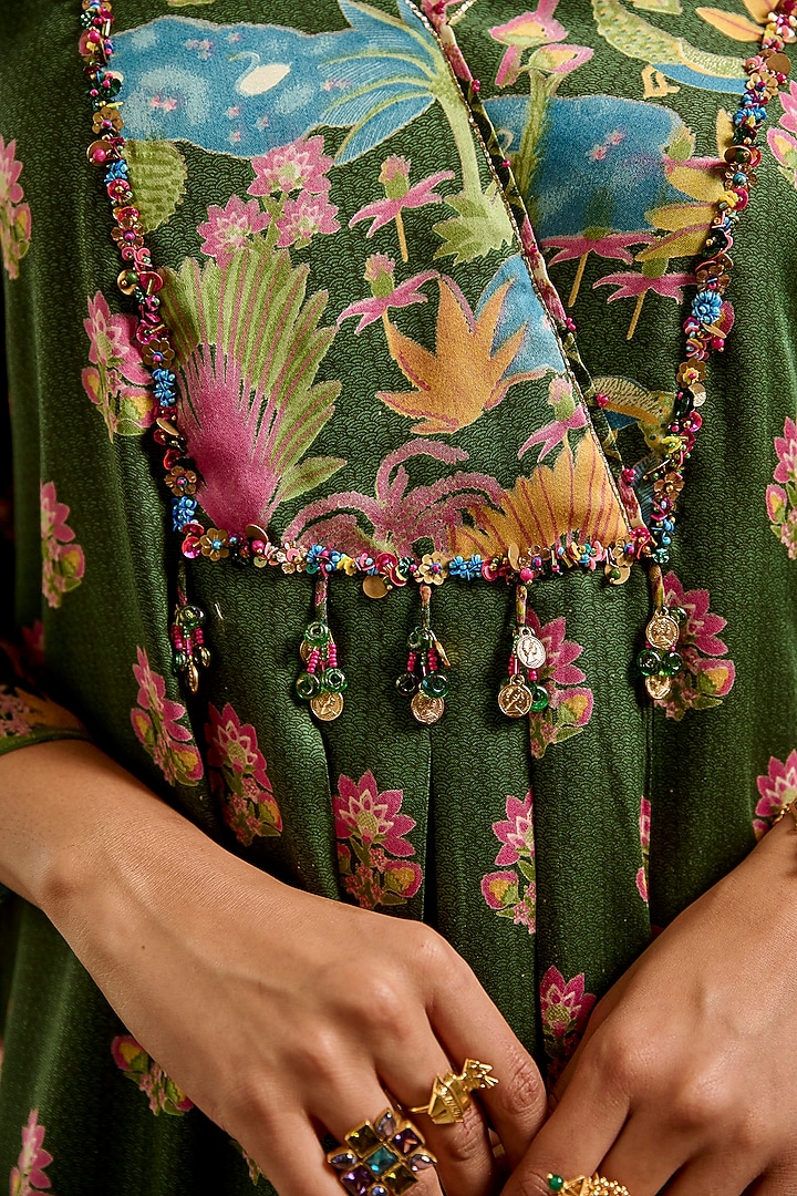 Green Modal Satin Boota Printed Angrakha Kurta Set by Baise Gaba at Pernia's Pop Up Shop