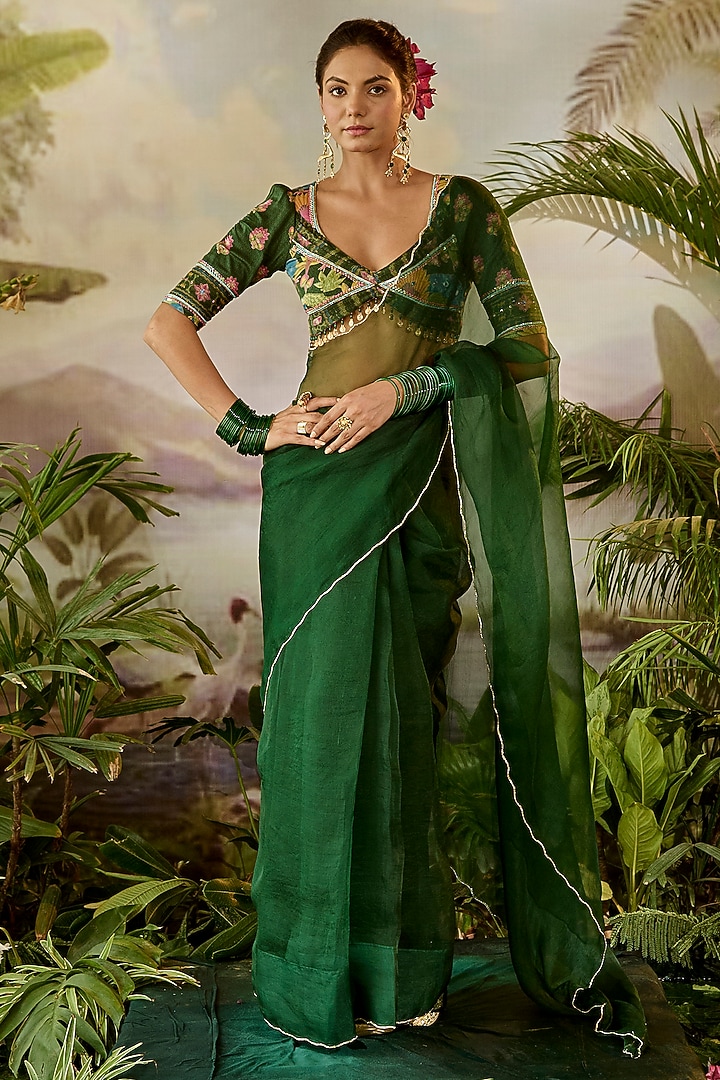 Green Organza Zardosi Work Sheer Party Wear Saree Set by Baise Gaba at Pernia's Pop Up Shop