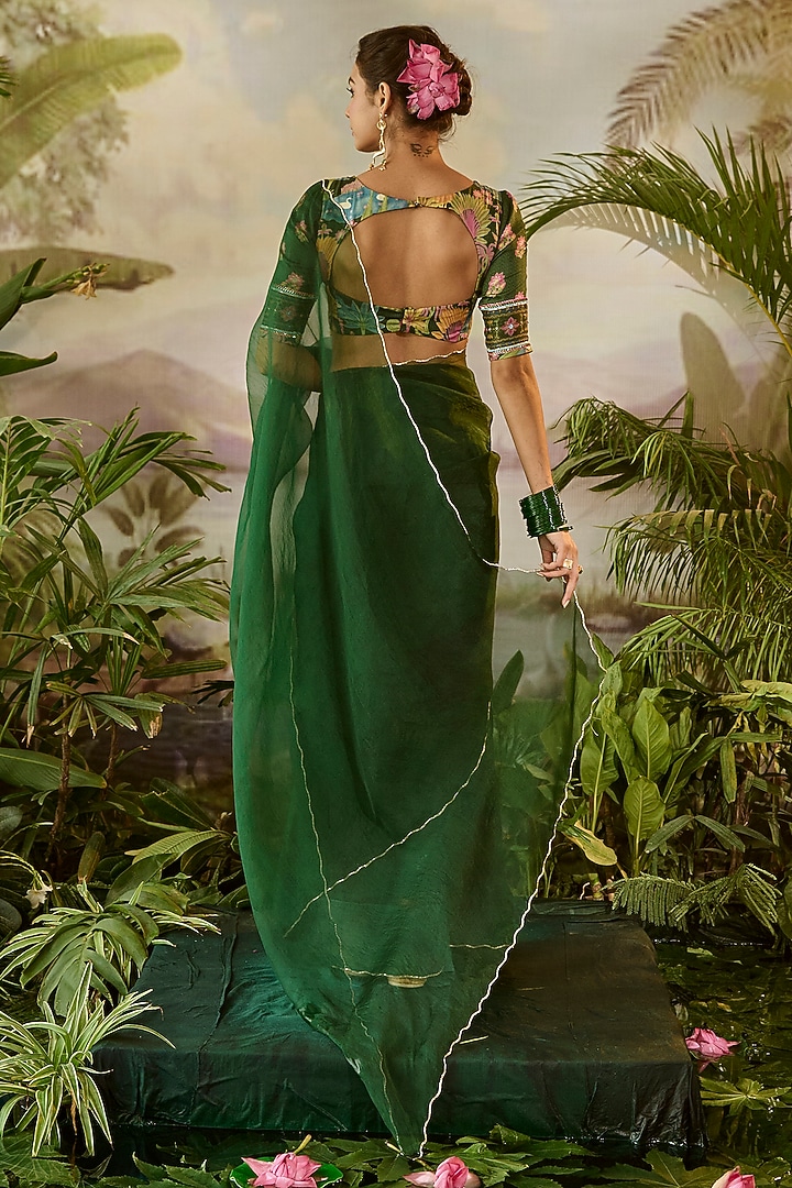 Green Organza Zardosi Work Sheer Party Wear Saree Set by Baise Gaba at Pernia's Pop Up Shop