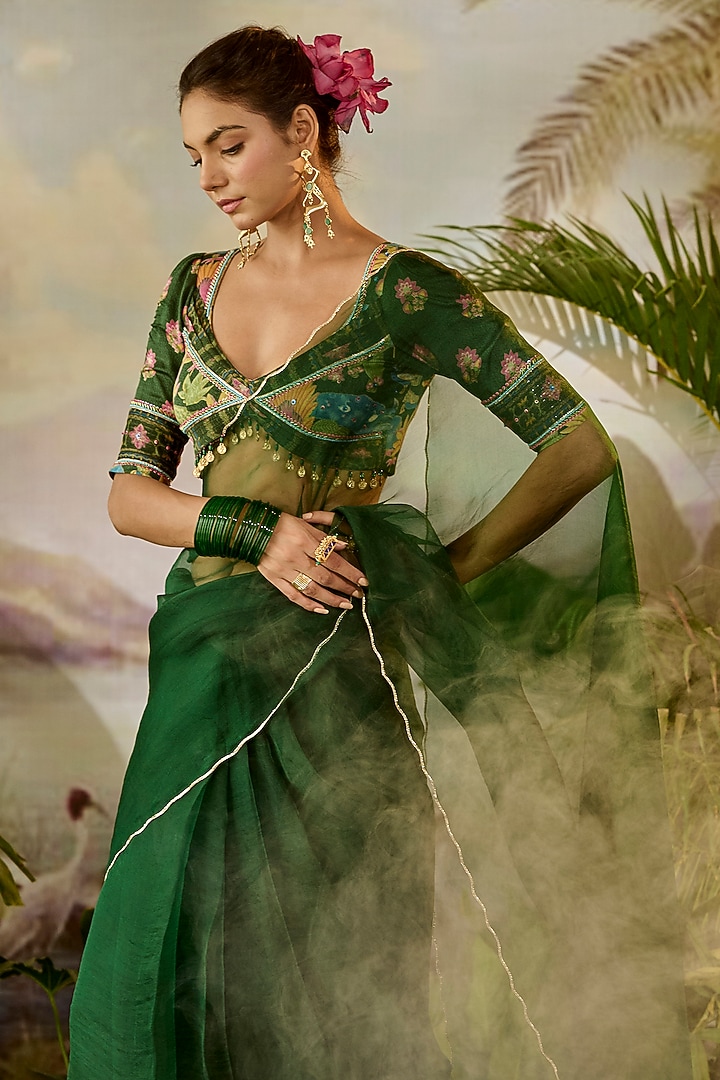 Green Organza Zardosi Work Sheer Party Wear Saree Set by Baise Gaba at Pernia's Pop Up Shop