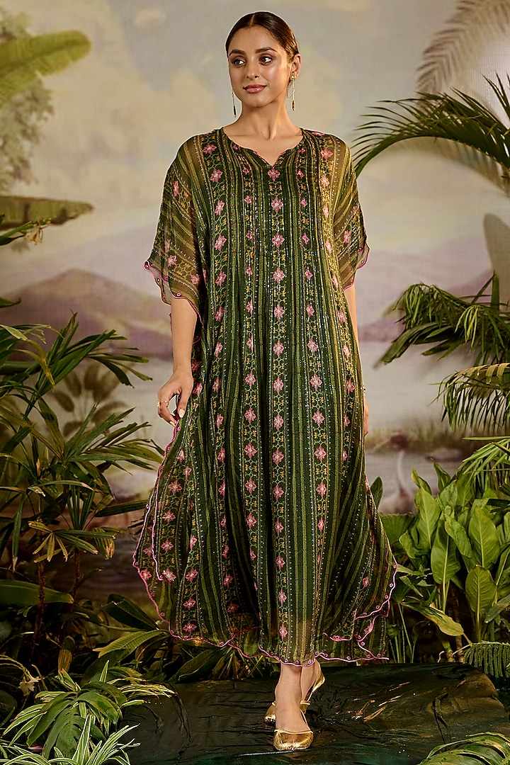 Green Lurex Chiffon Printed & Bead Work Kaftan With Slip Design by ...