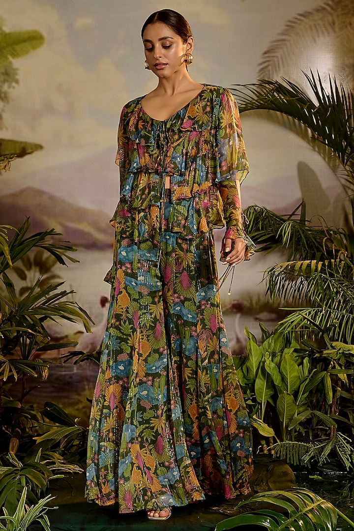 Green Lurex Chiffon Printed Paneled Party Wear Sharara Set by Baise Gaba at Pernia's Pop Up Shop