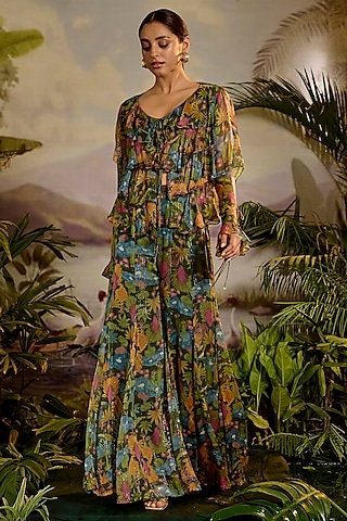 Green Lurex Chiffon Printed Paneled Sharara Set by Baise Gaba