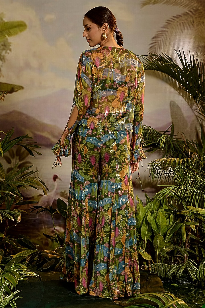 Green Lurex Chiffon Printed Paneled Party Wear Sharara Set by Baise Gaba at Pernia's Pop Up Shop