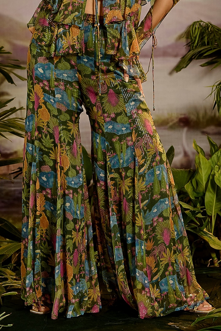Green Lurex Chiffon Printed Paneled Party Wear Sharara Set by Baise Gaba at Pernia's Pop Up Shop
