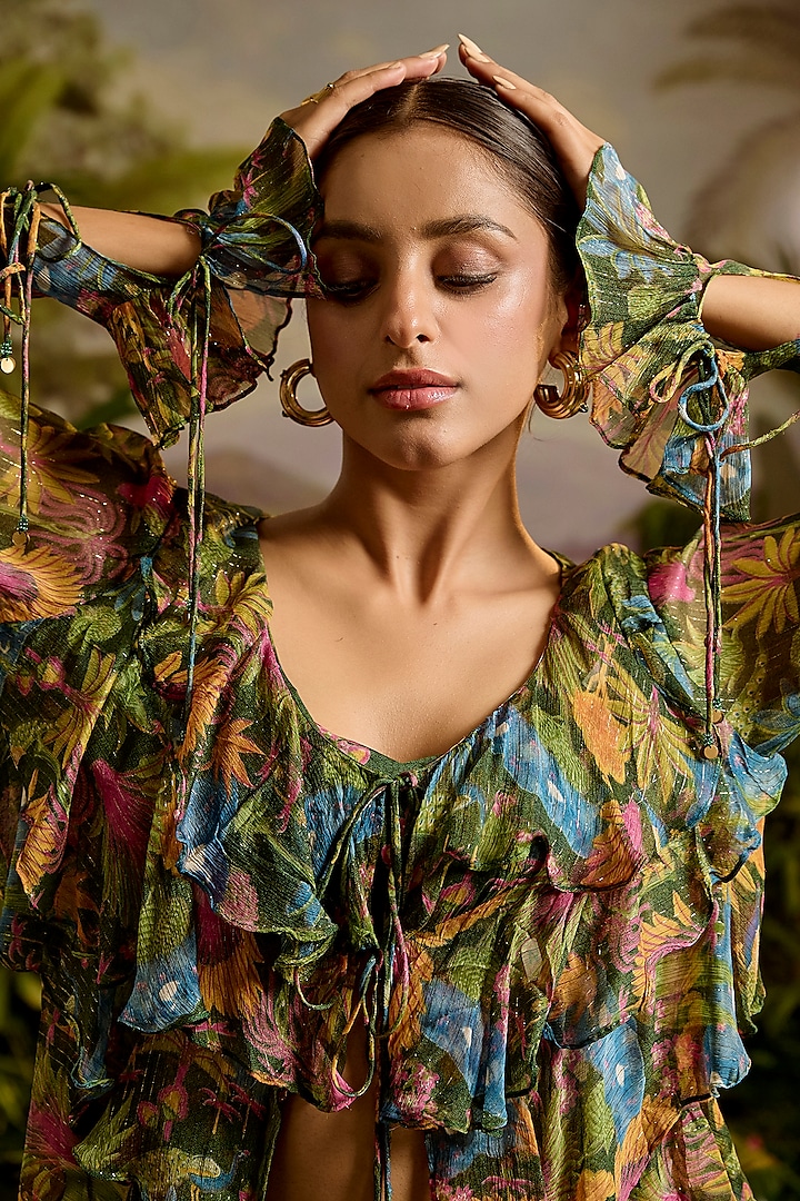 Green Lurex Chiffon Printed Paneled Party Wear Sharara Set by Baise Gaba at Pernia's Pop Up Shop