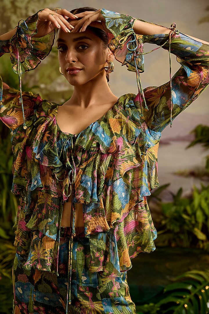 Green Lurex Chiffon Printed Paneled Party Wear Sharara Set by Baise Gaba at Pernia's Pop Up Shop