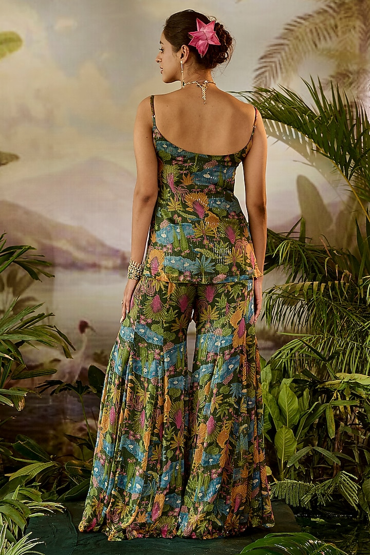 Green Lurex Chiffon Printed Gharara Set by Baise Gaba at Pernia's Pop Up Shop
