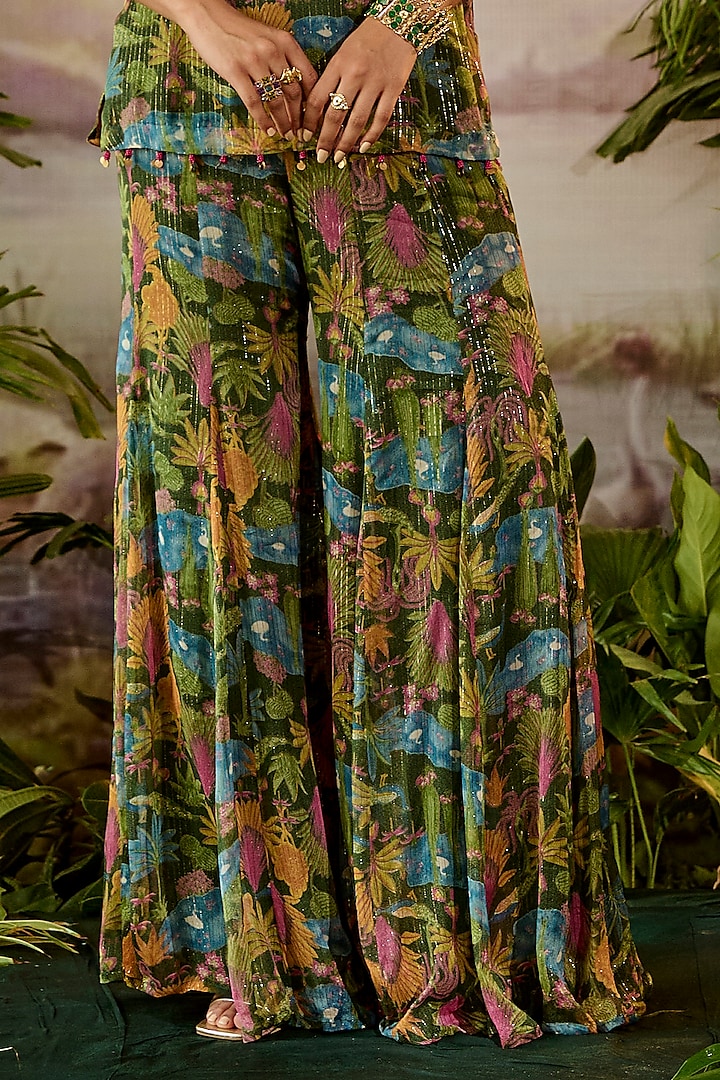 Green Lurex Chiffon Printed Gharara Set by Baise Gaba at Pernia's Pop Up Shop