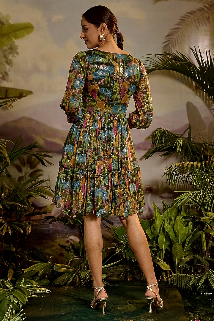 Green Lurex Chiffon Printed Tiered Mini Summer Dress by Baise Gaba at Pernia's Pop Up Shop