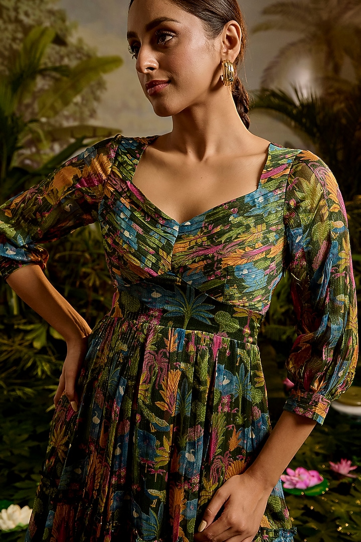 Green Lurex Chiffon Printed Tiered Mini Summer Dress by Baise Gaba at Pernia's Pop Up Shop