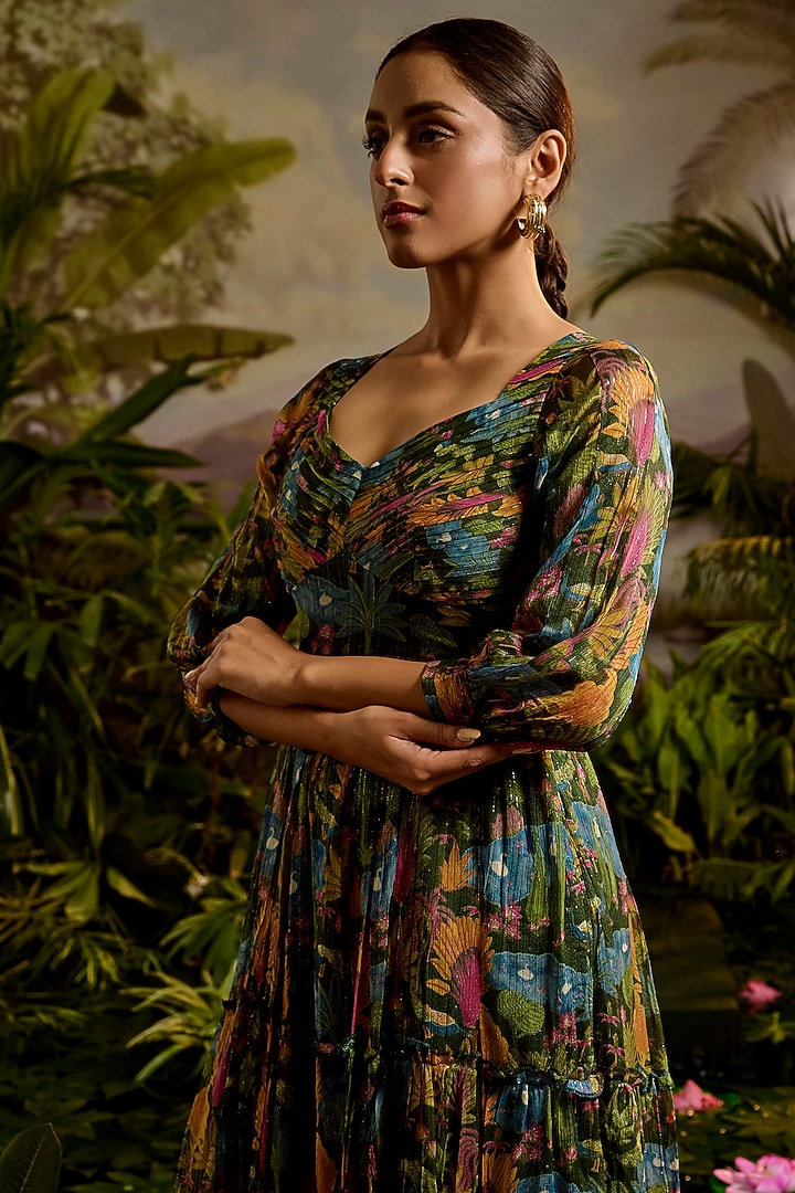 Green Lurex Chiffon Printed Tiered Mini Summer Dress by Baise Gaba at Pernia's Pop Up Shop