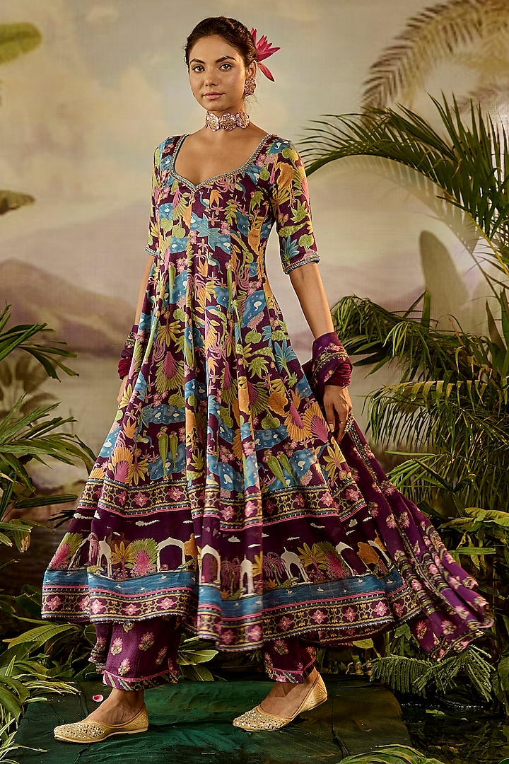 Purple Modal Satin Printed & Bead Embroidered Kalidar Anarkali by Baise Gaba at Pernia's Pop Up Shop