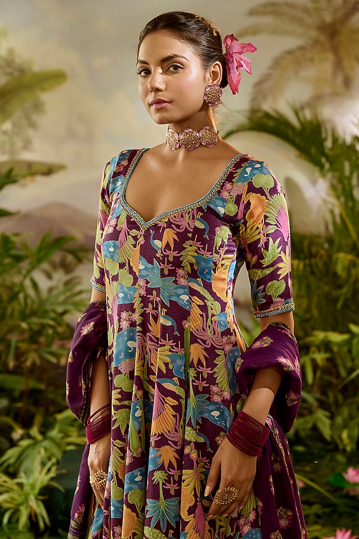 Purple Modal Satin Printed & Bead Embroidered Kalidar Anarkali by Baise Gaba at Pernia's Pop Up Shop