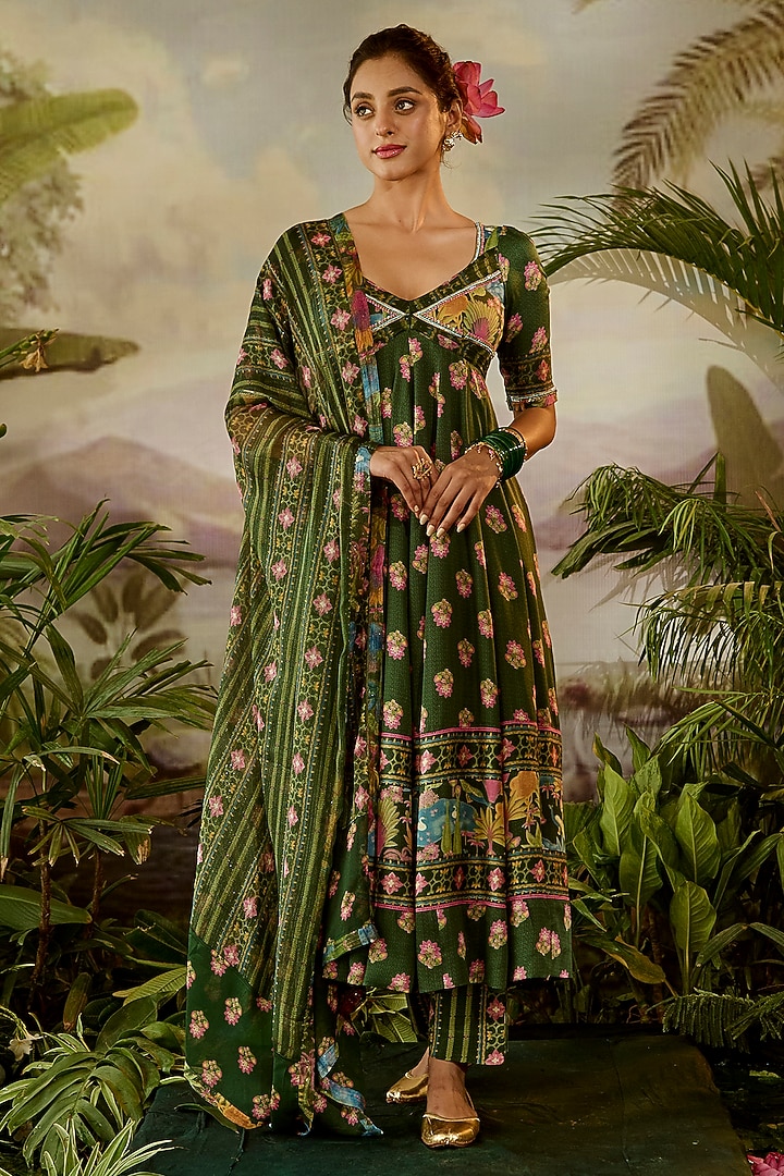 Green Modal Satin & Lurex Hand Embroidered Anarkali by Baise Gaba at Pernia's Pop Up Shop