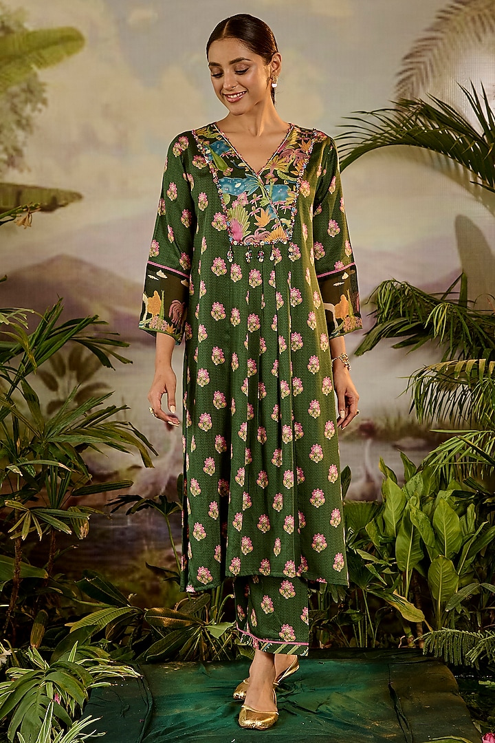 Green Modal Satin Printed & Hand Embroidered A-Line Angrakha Kurta by Baise Gaba