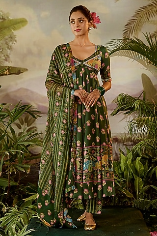 Green Lurex Chiffon Printed Dupatta by Baise Gaba