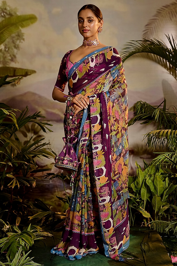 Purple Georgette & Lurex Chiffon Printed Saree Set by Baise Gaba at Pernia's Pop Up Shop