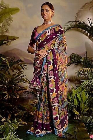 Purple Georgette & Lurex Chiffon Printed Saree Set by Baise Gaba