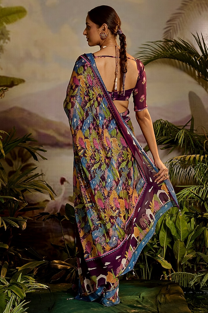 Purple Georgette & Lurex Chiffon Printed Festive Saree Set by Baise Gaba at Pernia's Pop Up Shop