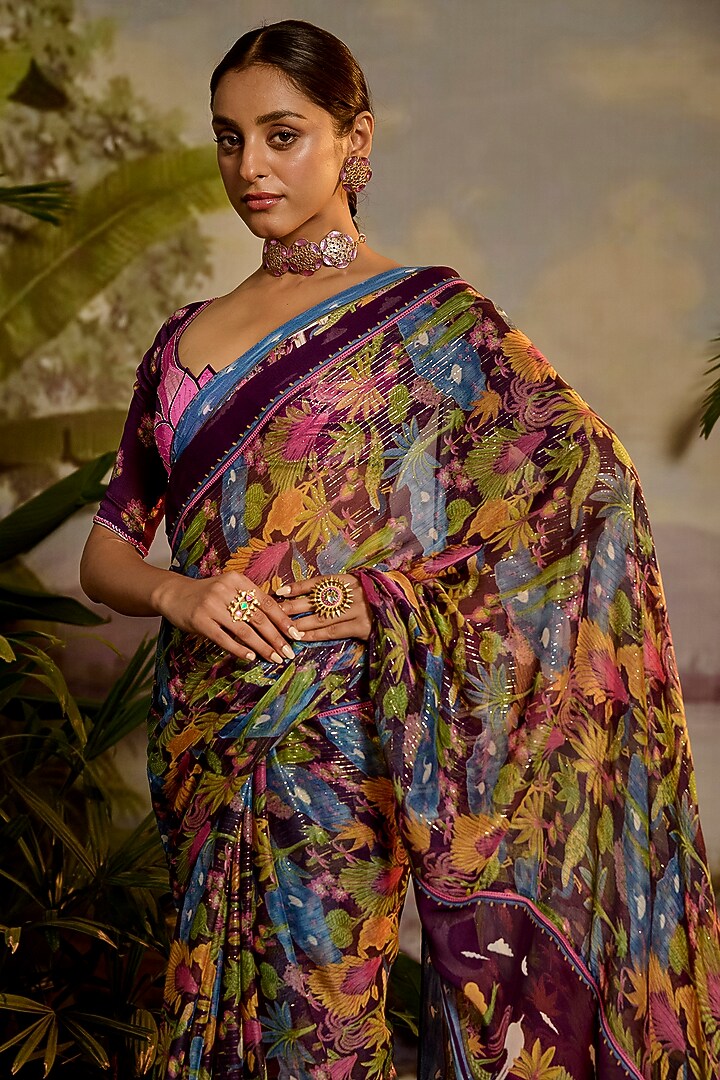 Purple Georgette & Lurex Chiffon Printed Festive Saree Set by Baise Gaba at Pernia's Pop Up Shop