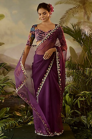 Purple Organza Hand Embroidered Saree Set by Baise Gaba