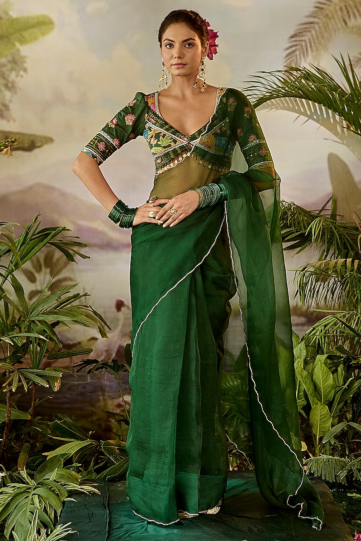 Green Organza Zardosi Sheer Saree Set by Baise Gaba at Pernia's Pop Up Shop