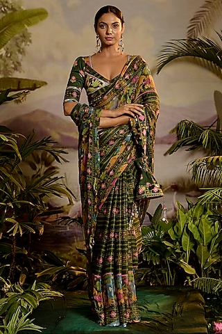 Green Lurex Chiffon Printed Saree Set by Baise Gaba