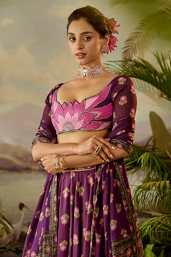 Purple Modal Satin & Georgette Boota Printed Blouse by Baise Gaba at Pernia's Pop Up Shop