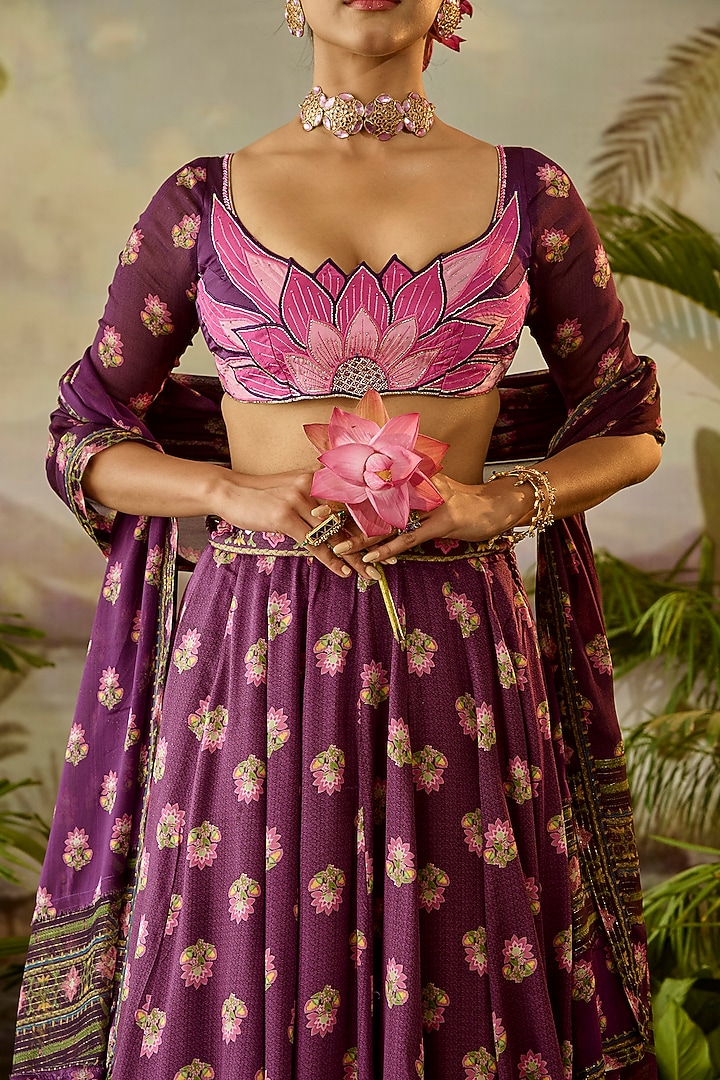 Purple Modal Satin & Georgette Boota Printed Blouse by Baise Gaba at Pernia's Pop Up Shop