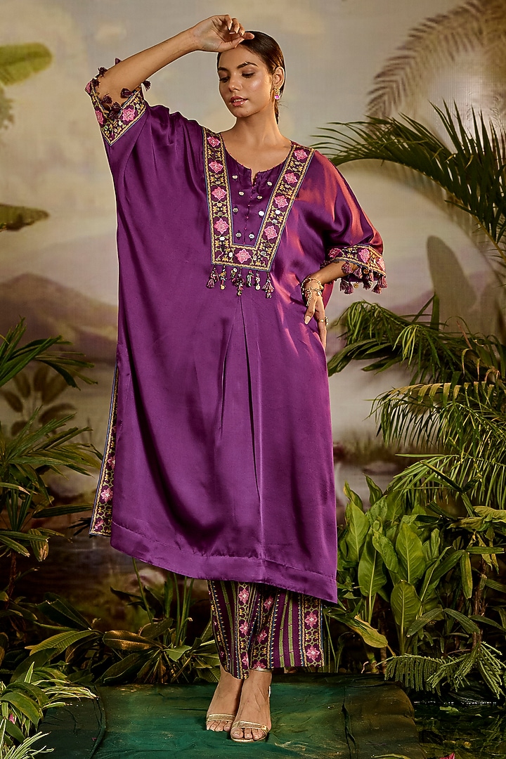 Purple Modal Satin Striped Printed Straight Pants by Baise Gaba at Pernia's Pop Up Shop