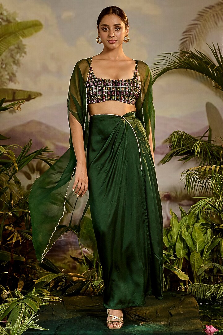Green Satin Silk Embellished Strappy Blouse by Baise Gaba at Pernia's Pop Up Shop