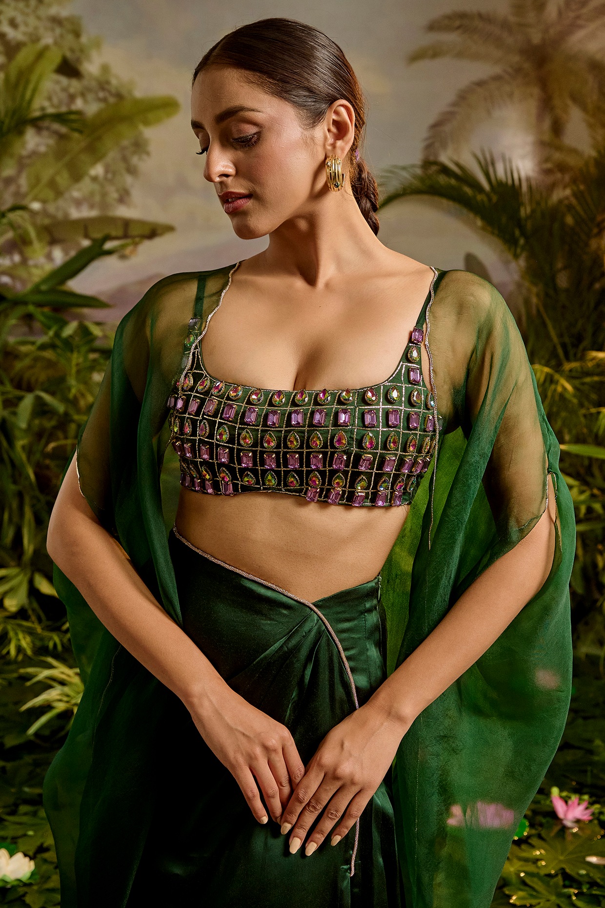 Buy Emerald Green Sleeveless Blouse In Raw Silk With Strappy Back Hook