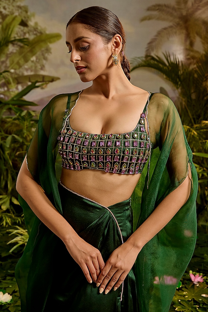 Green Satin Silk Embellished Strappy Blouse by Baise Gaba at Pernia's Pop Up Shop