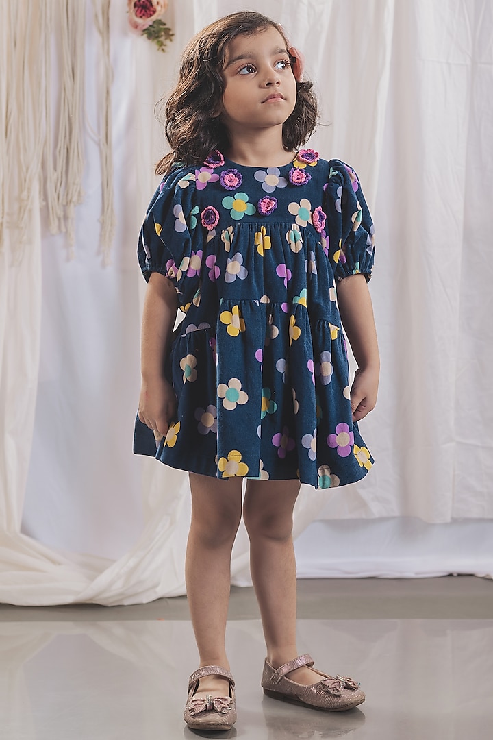 Navy Blue Corduroy Printed Dress For Girls by Bagichi