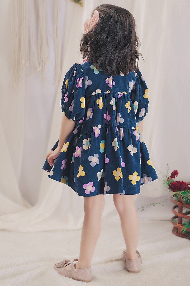 Navy Blue Corduroy Printed Dress For Girls by Bagichi at Pernia's Pop Up Shop