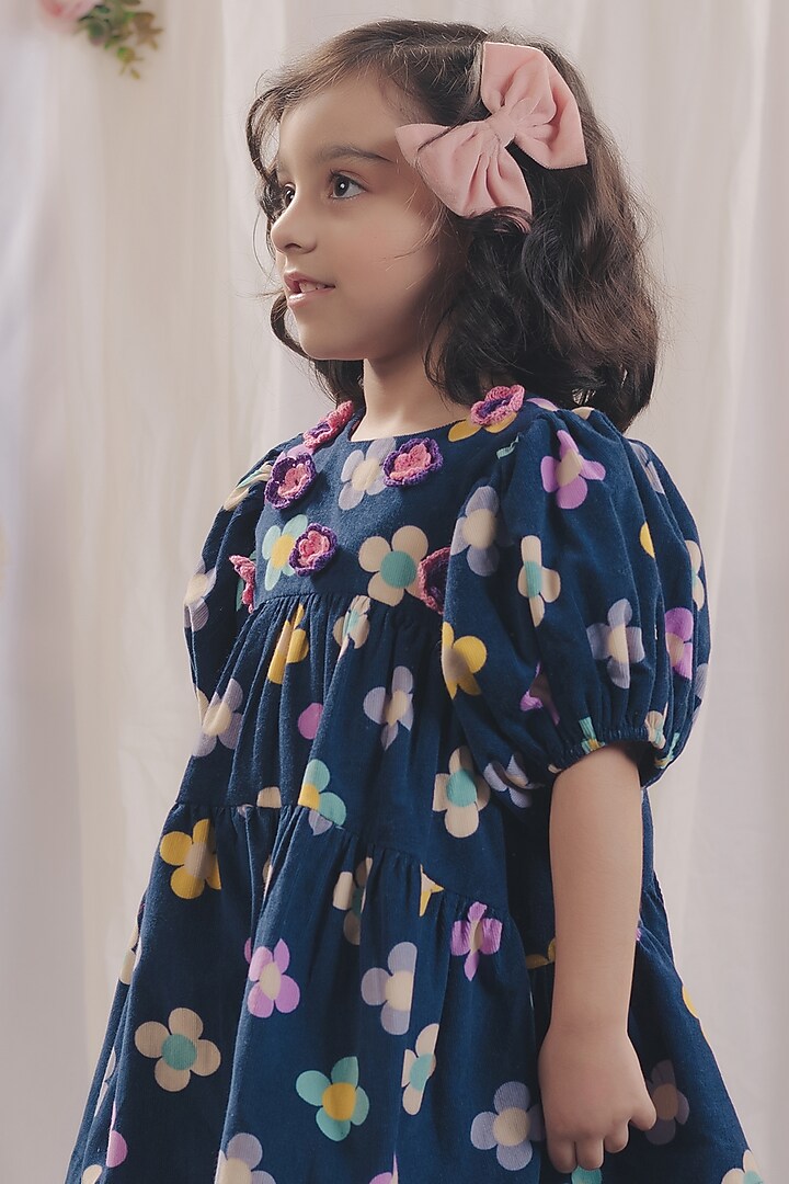 Navy Blue Corduroy Printed Dress For Girls by Bagichi at Pernia's Pop Up Shop