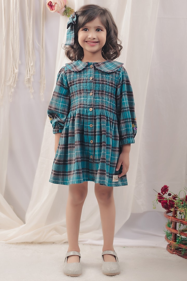 Cobalt Blue Cotton Checks Printed Dress For Girls by Bagichi